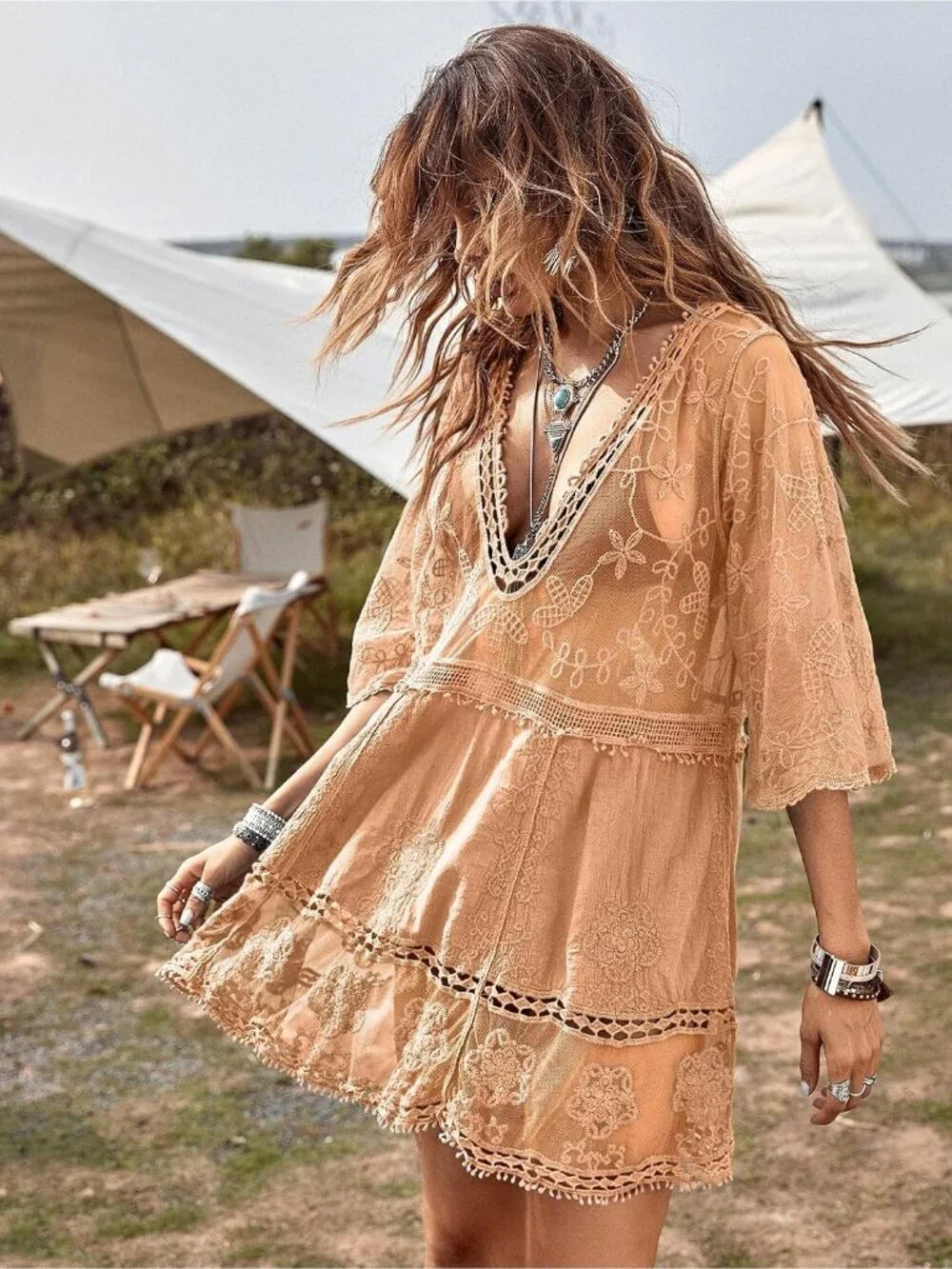 Women Apricot Rayon V-Neck Coverup Sheer Mesh Lace Bathing Suit Swimsuit Coverup